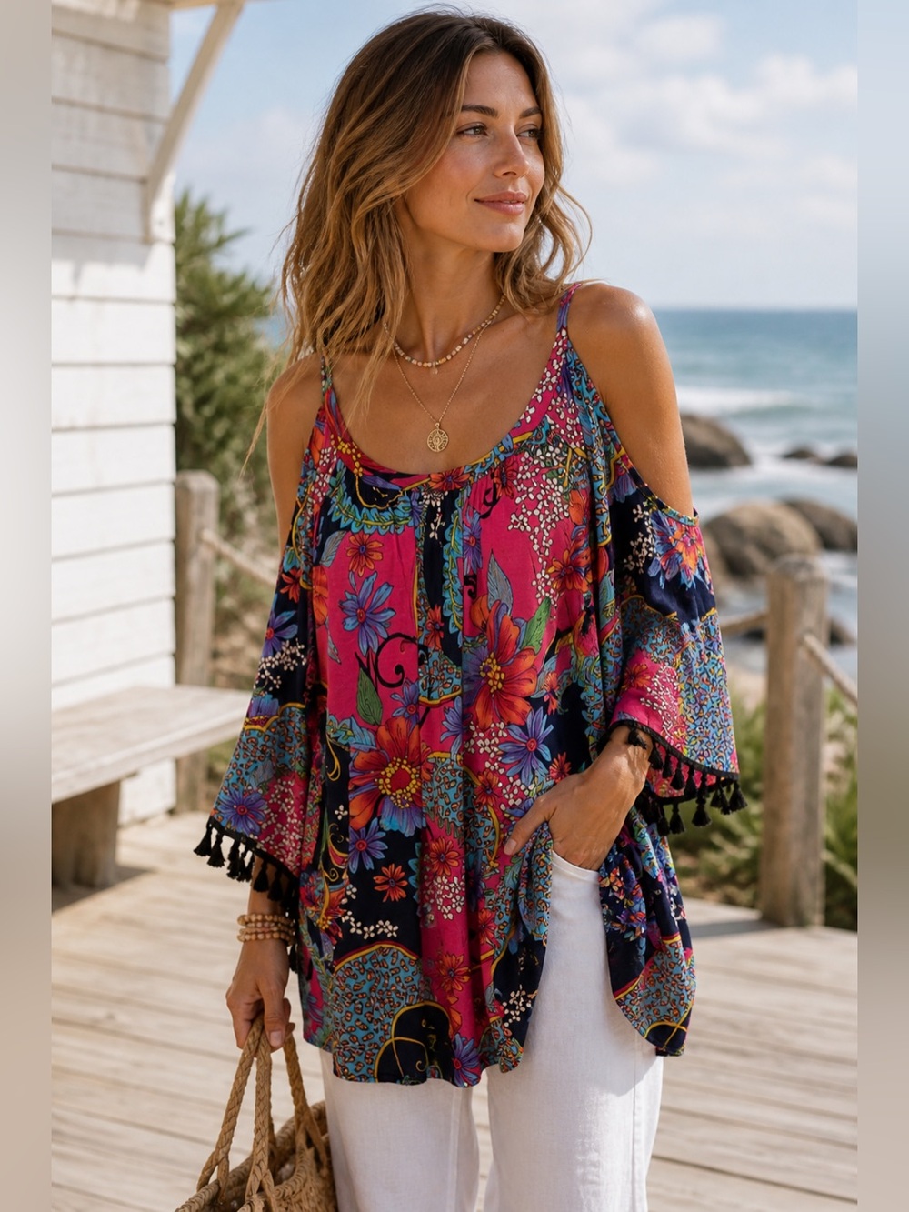 Cactus Multi Color Floral Print Cold Shoulder Tassel Fringe Tunic Top Large